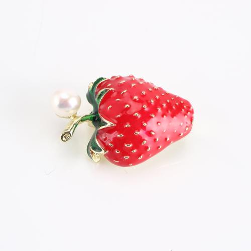 Freshwater Pearl Brooch, Zinc Alloy, with Freshwater Pearl, Strawberry, gold color plated, for woman & enamel 