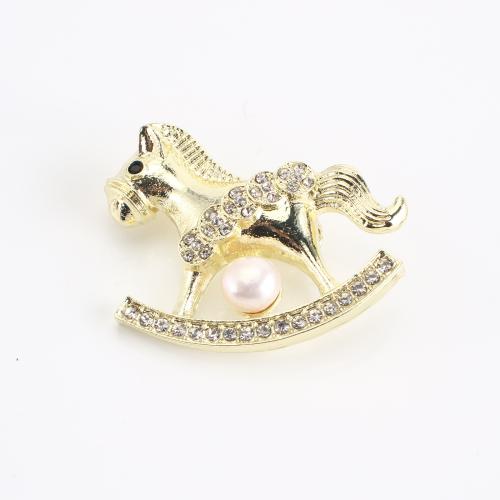 Freshwater Pearl Brooch, Zinc Alloy, with Freshwater Pearl, rocking horse, gold color plated, for woman & with rhinestone 