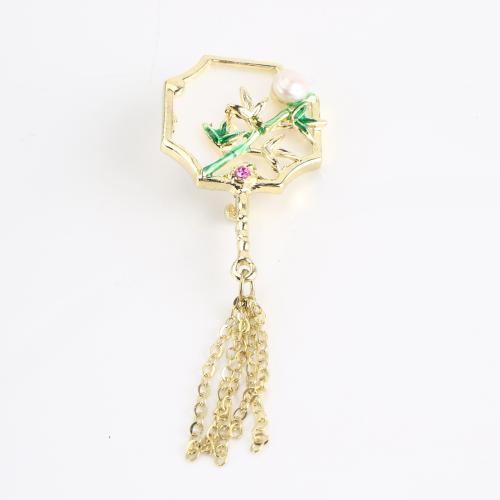 Freshwater Pearl Brooch, Zinc Alloy, with Freshwater Pearl, gold color plated, for woman & enamel & with rhinestone 