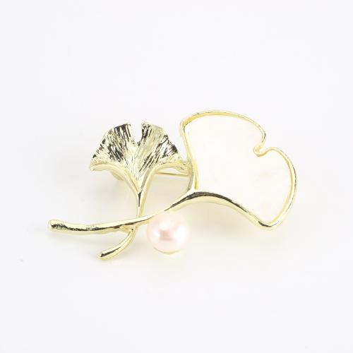 Freshwater Pearl Brooch, Zinc Alloy, with Freshwater Pearl, Leaf, gold color plated, for woman & enamel 