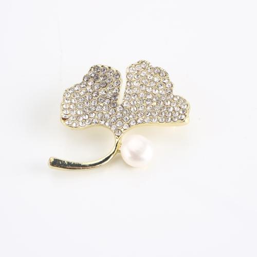 Freshwater Pearl Brooch, Zinc Alloy, with Freshwater Pearl, Ginkgo Leaf, gold color plated, for woman & with rhinestone 
