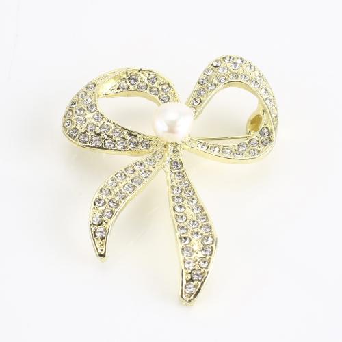 Freshwater Pearl Brooch, Zinc Alloy, with Freshwater Pearl, Bowknot, gold color plated, for woman & with rhinestone 