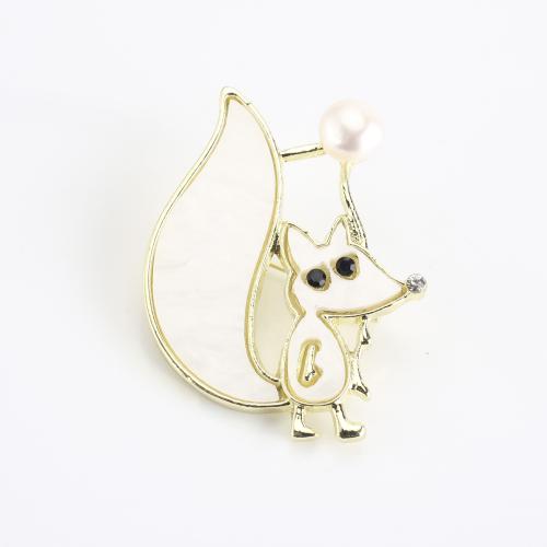 Freshwater Pearl Brooch, Zinc Alloy, with Freshwater Pearl, Cartoon, gold color plated, for woman & enamel & with rhinestone 