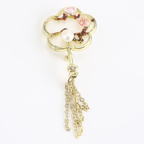 Freshwater Pearl Brooch, Zinc Alloy, with Freshwater Pearl, gold color plated, for woman & enamel & with rhinestone 