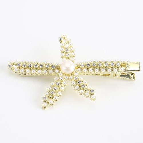 Alligator Hair Clip, Zinc Alloy, with Freshwater Pearl, Starfish, gold color plated, for woman & with rhinestone 