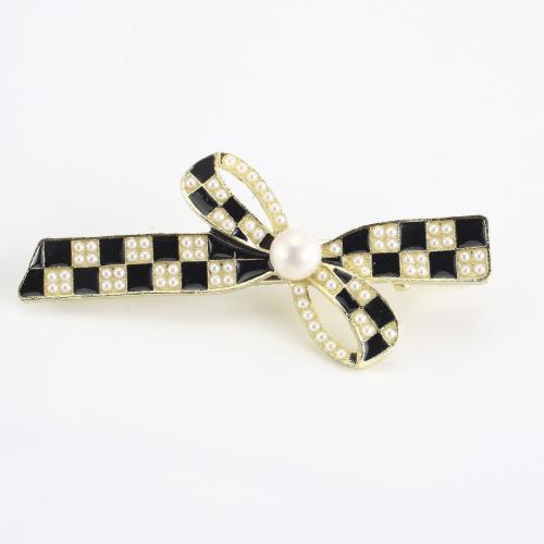 Alligator Hair Clip, Zinc Alloy, with Freshwater Pearl, Bowknot, gold color plated, for woman & enamel 