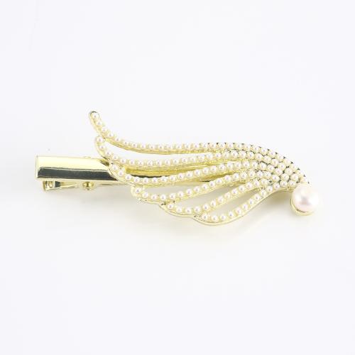 Alligator Hair Clip, Zinc Alloy, with Freshwater Pearl, Wing Shape, gold color plated, for woman & hollow 