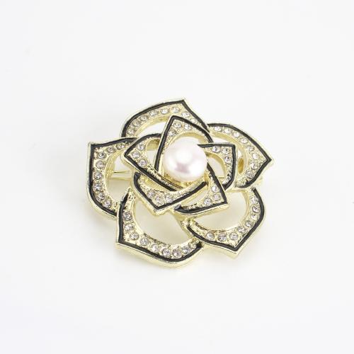 Freshwater Pearl Brooch, Zinc Alloy, with Freshwater Pearl, Flower, gold color plated, for woman & enamel & with rhinestone & hollow 