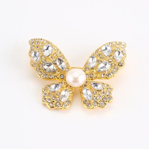 Freshwater Pearl Brooch, Zinc Alloy, with Freshwater Pearl, Butterfly, gold color plated, for woman & with rhinestone 