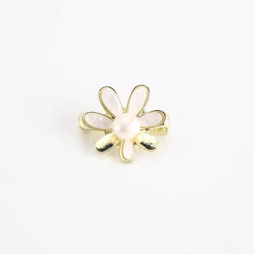 Freshwater Pearl Brooch, Zinc Alloy, with Freshwater Pearl, Flower, gold color plated, for woman & enamel 