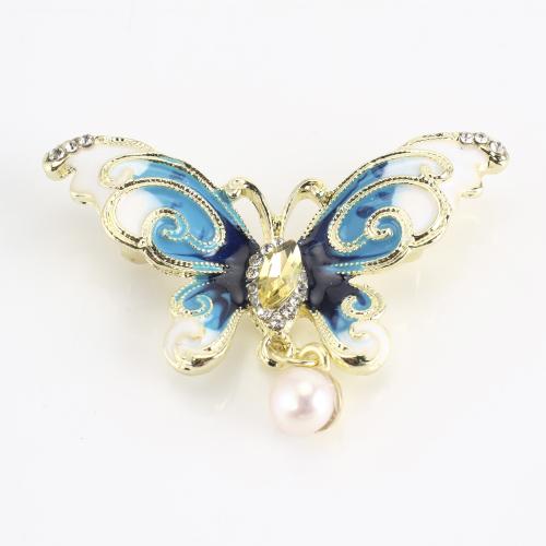 Zinc Alloy Brooch, with Freshwater Pearl, Butterfly, gold color plated, for woman & enamel & with rhinestone 