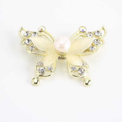 Zinc Alloy Brooch, with Freshwater Pearl, Butterfly, gold color plated, for woman & with rhinestone 