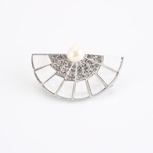 Freshwater Pearl Brooch, Zinc Alloy, with Shell & Freshwater Pearl, Fan, plated, for woman & with rhinestone 