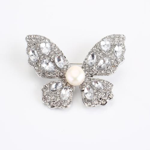 Freshwater Pearl Brooch, Zinc Alloy, with Freshwater Pearl, Butterfly, plated, for woman & with rhinestone 