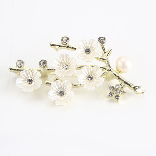 Freshwater Pearl Brooch, Zinc Alloy, with Shell & Freshwater Pearl, Flower, gold color plated, for woman & with rhinestone 