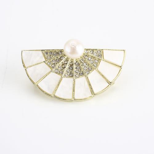 Freshwater Pearl Brooch, Zinc Alloy, with Freshwater Pearl, Fan, gold color plated, for woman & with rhinestone 