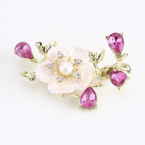 Freshwater Pearl Brooch, Zinc Alloy, with Freshwater Pearl, Flower, gold color plated, for woman & with rhinestone 
