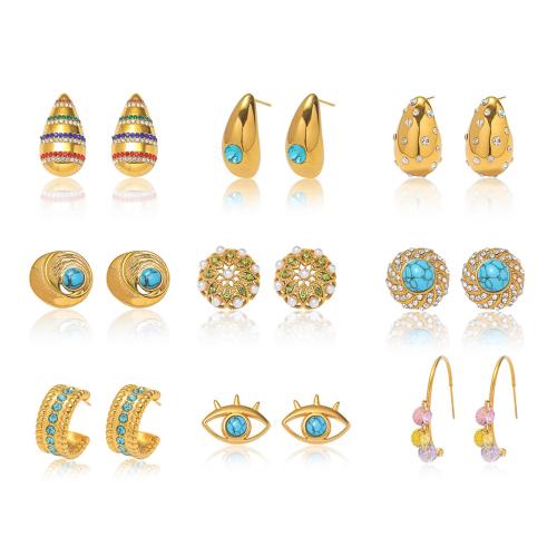 Acier inoxydable 304 boucle d oreille dormeuse, avec turquoise & perle de plastique, Placage, styles différents pour le choix & pour femme & avec strass, Vendu par paire