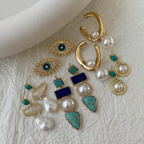 Zinc Alloy Drop Earring, with turquoise & Plastic Pearl, gold color plated & for woman & with rhinestone 