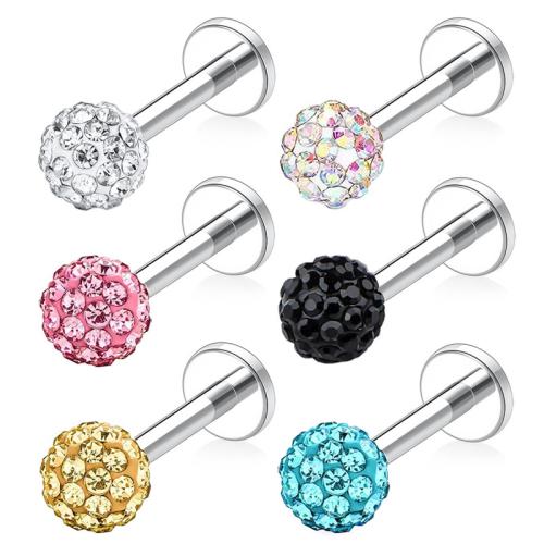 304 Stainless Steel Lip Piercing Stud, Round, Unisex & with rhinestone 