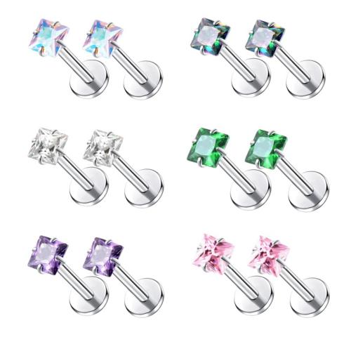 Titanium Steel Piercing Earring, Square, Unisex & micro pave cubic zirconia 