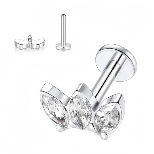 Titanium Alloy Piercing Earring, Three Leaf Clover, Unisex & micro pave cubic zirconia 