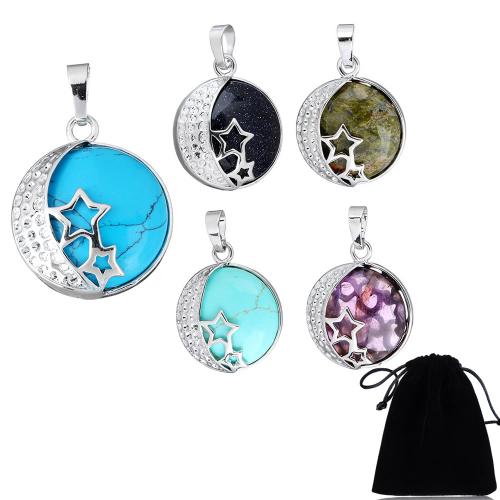 Gemstone Brass Pendants, with Brass, Flat Round, platinum color plated, natural & DIY & with star pattern, nickel, lead & cadmium free Approx 