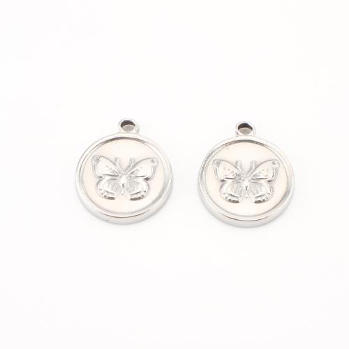 Edelstahl Tier Anhänger, 304 Edelstahl, flache Runde, DIY & mit einem Muster von Schmetterling, originale Farbe, 18x16x2mm, 20PCs/Menge, verkauft von Menge