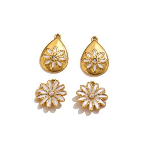Pendentifs en acier inoxydable émail, Acier inoxydable 304, avec perle de plastique, fleur, Placage de couleur d'or, DIY & styles différents pour le choix & avec strass, Vendu par PC[