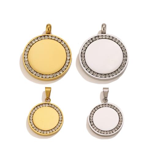 Rhinestone Stainless Steel Pendants, 304 Stainless Steel, Flat Round, plated, DIY & with rhinestone 