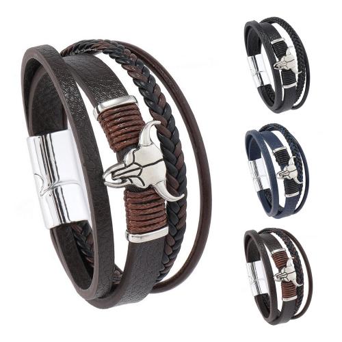 PU Leder Armband, mit Zinklegierung, Stier, Vintage & mehrschichtig & für den Menschen, keine, Länge:ca. 21 cm, verkauft von PC[