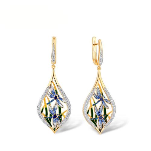laiton Boucle d'oreille goutte, feuille, Placage de couleur d'or, pavé de micro zircon & pour femme & émail & creux Vendu par paire