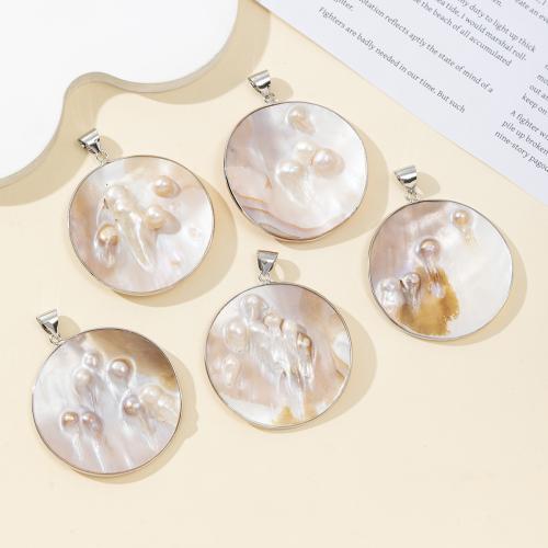 Natural Freshwater Shell Pendants, Flat Round, plated, DIY 