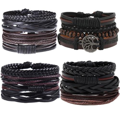 Cowhide Bracelet Set, with Linen & PU Leather & Wax Cord & Zinc Alloy, handmade, multilayer & Unisex Approx 17-18 cm [