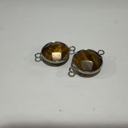 Gemstone Connector, Tiger Eye, Flat Round, plated, DIY Approx 2mm 