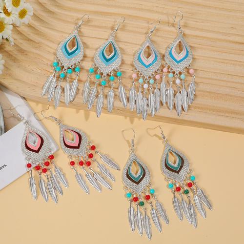 Zinc Alloy Tassel Earring, with Seedbead, Leaf, plated, folk style & for woman & enamel 