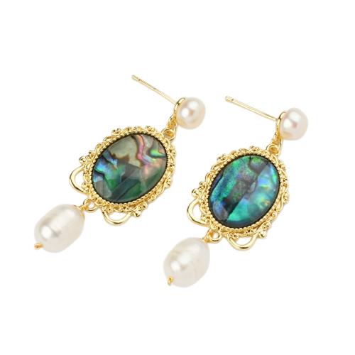 metal Pendientes con Colgantes, con Nácar de Abulón & Perlas cultivadas de agua dulce, chapado en color dorado, Joyería & para mujer, 40mm, Vendido por Par[