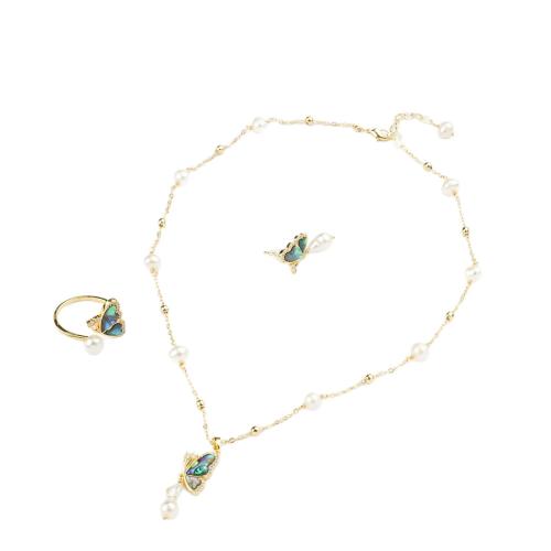 Brass Jewelry Set, with Freshwater Shell & Abalone Shell, Butterfly, gold color plated, fashion jewelry & for woman & with rhinestone 