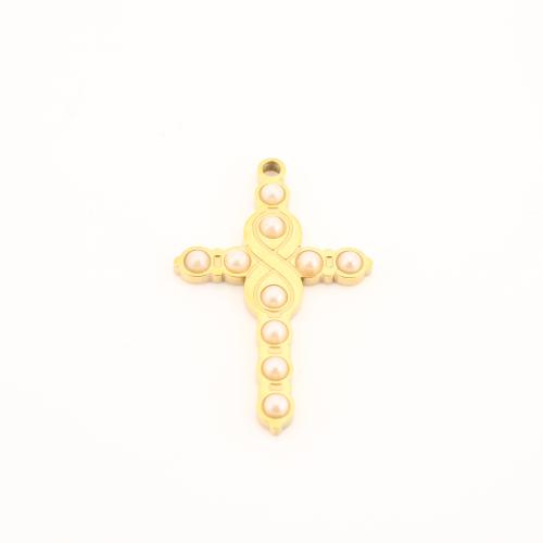 Stainless Steel Cross Pendants, 304 Stainless Steel, with Plastic Pearl, gold color plated, DIY 