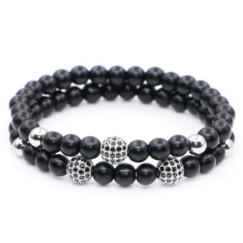 Black Stone Bracelet, Round, handmade, Unisex & micro pave cubic zirconia beads size 6mm, 8mm Approx 7 Inch 