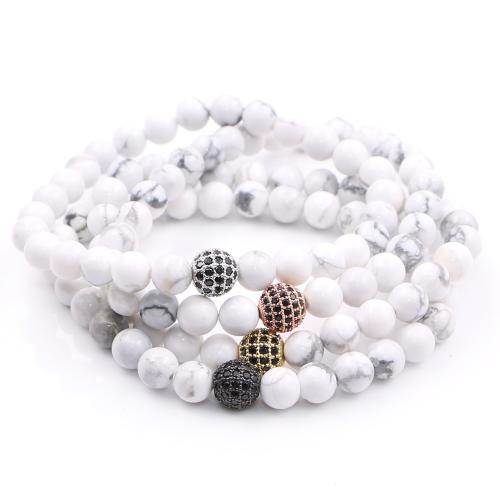 Howlite Bracelet, with Elastic Thread, Round, elastic & Unisex & micro pave cubic zirconia Approx 7 Inch 
