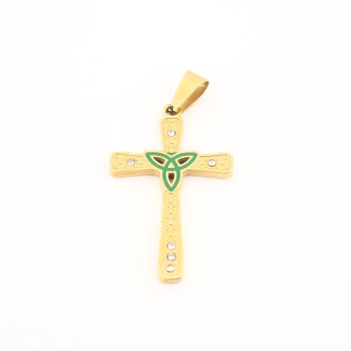 Stainless Steel Cross Pendants, 304 Stainless Steel, gold color plated, DIY & enamel & with rhinestone 