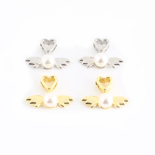 Brass Jewelry Pendants, with Plastic Pearl, Angel Wing, plated, DIY 