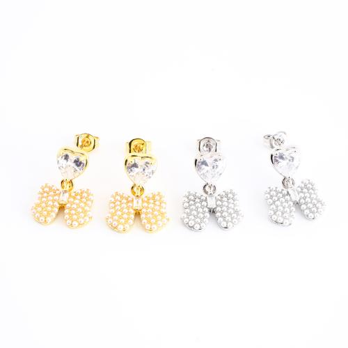 laiton Boucle d'oreille goutte, avec perle de plastique, Noeud papillon, Placage, bijoux de mode & pavé de micro zircon & pour femme, plus de couleurs à choisir Vendu par paire