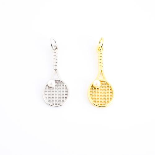 Brass Jewelry Pendants, with Plastic Pearl, Racket and Ball, plated, DIY & hollow 
