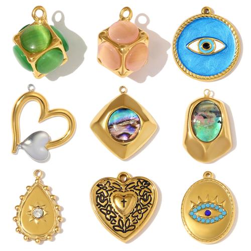 Katzenauge Edelstahl Anhänger, 304 Edelstahl, mit Katzenauge & Muschel, plattiert, DIY & verschiedene Stile für Wahl & Emaille & mit Strass, 3PCs/Tasche, verkauft von Tasche
