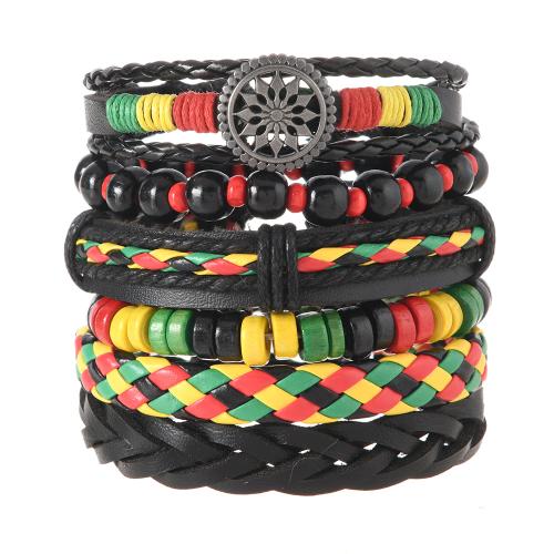 Kuhhaut Armband-Set, mit PU Leder & Wachsschnur & Holz & Zinklegierung, handgemacht, Vintage & mehrschichtig & für den Menschen, farbenfroh, Länge:ca. 18 cm, verkauft von setzen