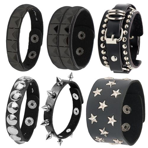 PU革(ポリ塩化ビニール、ポリウレタン) ブレスレット, とともに 牛皮革 & ワックスコード, ハンドメイド, リベットスタッド付き & パンクスタイル & ユニセックス & 異なるスタイルを選択, 売り手 パソコン
