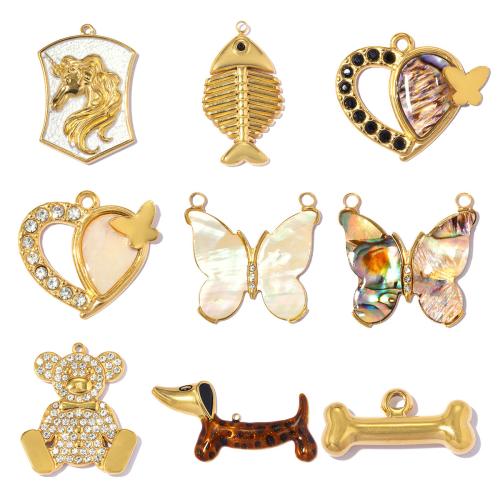Stainless Steel Pendants, 304 Stainless Steel, with Shell, plated, DIY & enamel & with rhinestone 