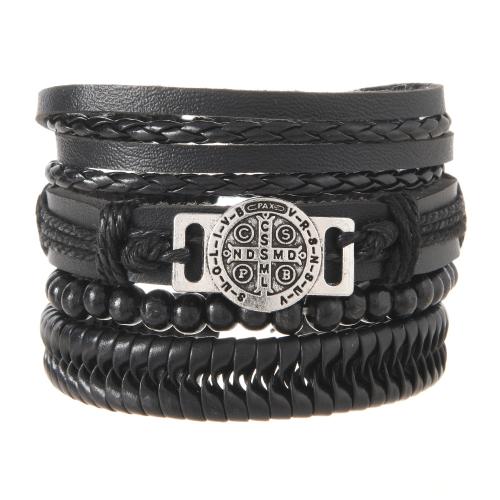 Cowhide Bracelet Set, with PU Leather & Wax Cord & Zinc Alloy, handmade, vintage & multilayer & for man, black Approx 18 cm 